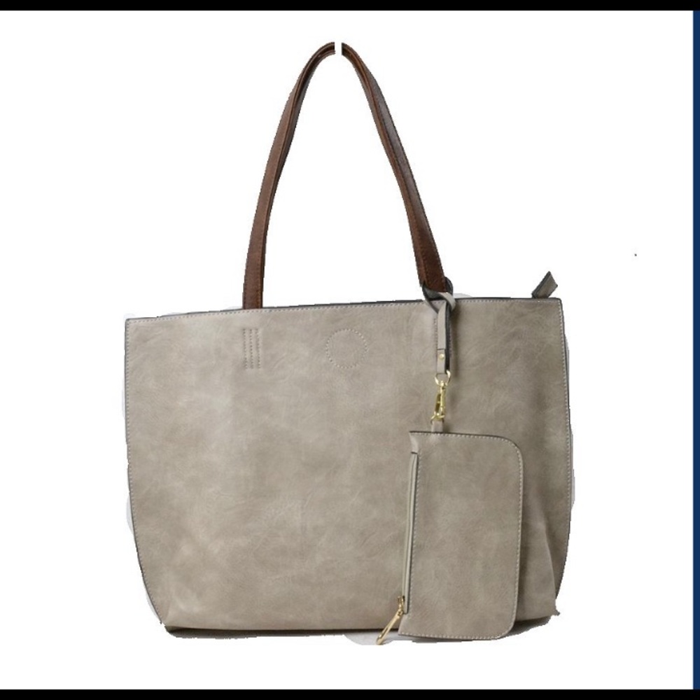 Grey / Brown Tote Bag With Matching Wristlet